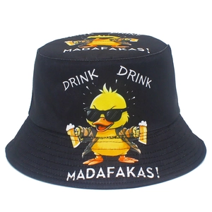 Schwarzer Anglerhut mit Sonnenbrillen-Ente und Drink Drink Madafakas Aufdruck Motiv