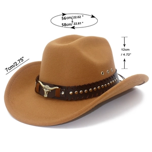 Dimensioni dettagliate del cappello da cowboy in feltro marrone con testa di toro