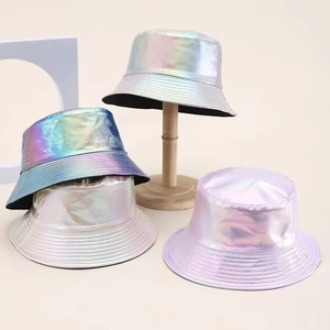 Foldable holographic PU leather bucket hat with metallic gradient finish for sun protection
