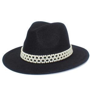 Women's Wide Brim Black Fedora Hat Elegant Faux Artificial Pearl Band Decoration Polyester Felt British Style Jazz Hat Party Headwear