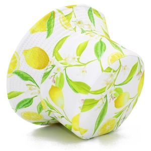 Close-up of lemon print details on white bucket hat with fine cotton twill texture