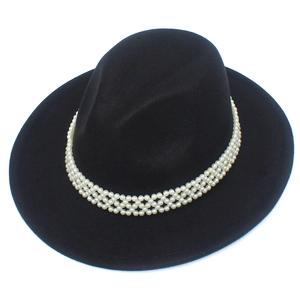 Classic black felt fedora hat for men and women featuring elegant triple-row pearl band trim