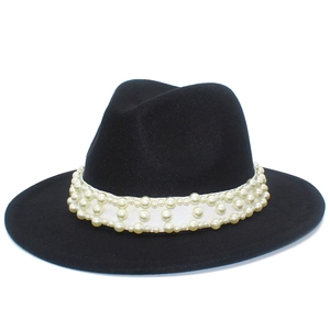 Elegant black fedora with wide brim featuring a wide white band and pearl embellishments