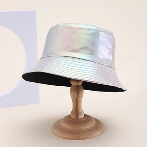 Chic laser iridescent PU leather bucket hat with foldable brim for sun protection