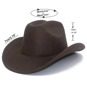 Detail view of brown cowboy hat with 7cm brim, 12cm crown, and 56-58cm head size measurements