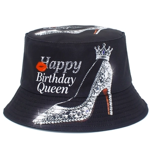 Birthday Queen Letter Print Bucket Hat Rhinestone High Heel Crown Lips Pattern Cotton Holiday Party Sun Basin Hat For Women