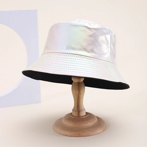 Foldable laser PU leather bucket hat with a colorful gradient finish for sun protection