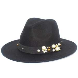 Elegant black fedora hat with pearls and floral studs decoration in British jazz style