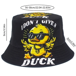 Detail showing the exact dimensions and size labels of the black duck print bucket hat