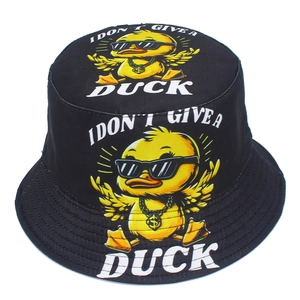 Black canvas bucket hat with cool cartoon duck print and I Don't Give a Duck text