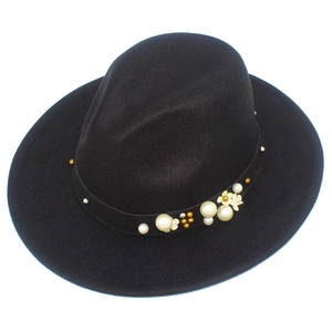 Classic black wool fedora hat with elegant pearl and floral metal band embellishment