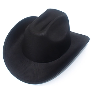 Detail of black western cowboy hat with fine mesh texture and classic curved brim design
