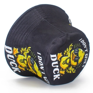 Detail of a black canvas bucket hat featuring a funny duck graphic with text embroidery