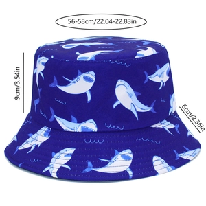 Detail showing dimensions of shark pattern bucket hat with size annotations on white background