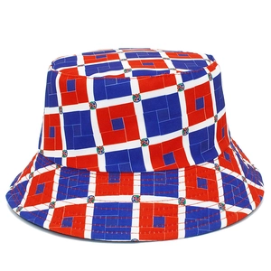 Chapeau Bob Réversible en Coton pour Hommes Femmes Motif Géométrique Rouge Blanc Bleu Protection Solaire Extérieur Voyage Mode