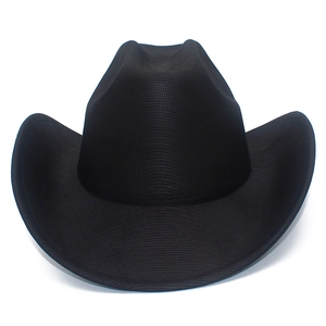 Classic black woven cowboy hat with curved brim and indented crown on white background