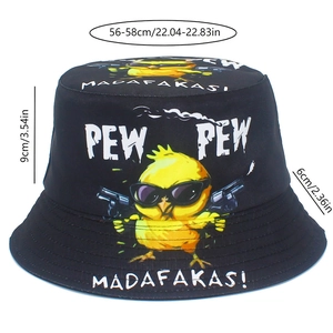 Größentabelle für schwarzen Fischerhut mit Cartoon-Enten-Grafik und Streetstyle-Details