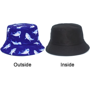 Detail showing reversible bucket hat with blue shark print and solid black lining