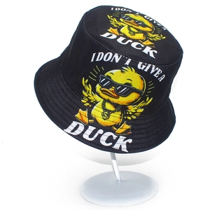 Black canvas bucket hat with I DON'T GIVE A DUCK cartoon print and yellow duck design