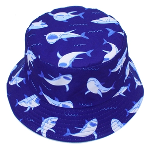 Reversible shark pattern sun hat for outdoors with blue canvas material and cartoon design