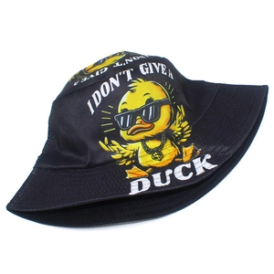Detail of black twill bucket hat featuring a trendy duck with sunglasses and gold chain