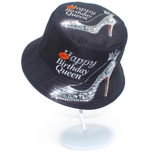 Black canvas bucket hat with Happy Birthday Queen lettering and high heels print