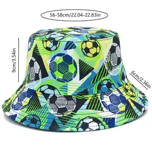 Size chart showing head circumference and brim dimensions for the soccer print bucket hat