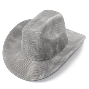 Detail of grey western cowboy hat featuring woven texture and upturned brim design
