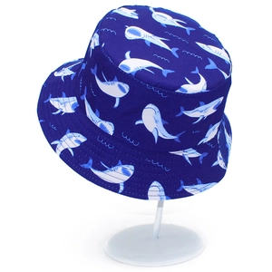 Navy blue bucket hat with shark patterns, double-sided sun protection outdoor sun hat