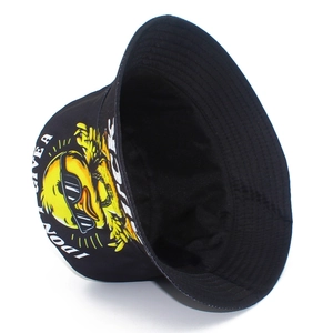 Close-up of black cotton bucket hat with yellow cartoon duck wearing sunglasses embroidery