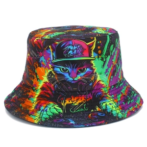 Chapeau Bob Imprimé Chat DJ Néon Graffiti Réversible Streetwear Chapeau de Soleil pour Femmes Hommes Coton Pliable