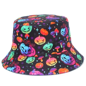 Chapeau Bob à Motifs Halloween Coton Réversible Protection Solaire Chapeau de Pêcheur Imprimé Citrouille Chauve-Souris pour Homme Femme Cadeau de Fête
