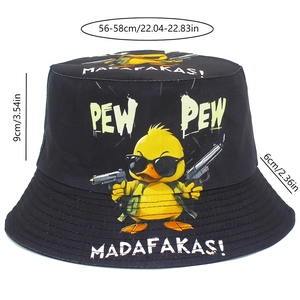 Detail view of cotton bucket hat with funny gangster duck print and sizing measurements