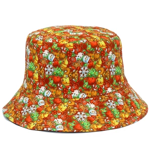 Christmas bucket hat with festive patterns featuring gingerbread men, snowmen, and reindeer