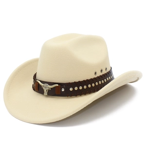 Cappello da cowboy classico color crema con fascia in pelle e testa di toro in metallo