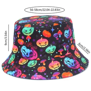 Tableau des tailles détaillé pour chapeau bob d'Halloween avec motifs citrouille et chauve-souris