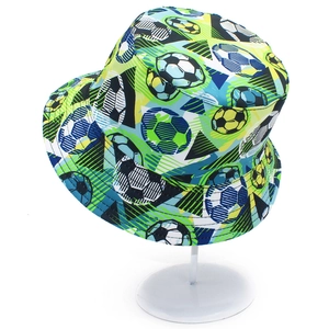 Bucket hat with classic soccer ball pattern and colorful geometric sport designs