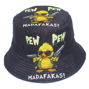 Black cotton bucket hat with funny cartoon duck print and Pew Pew typography
