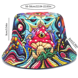 Dimensioni dettagliate del cappello a secchiello graffiti con motivi di funghi e occhi