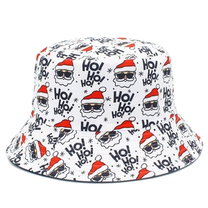 White Christmas bucket hat featuring stylish Santa Claus print and HO! HO! HO! text