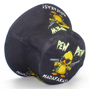 Detailed close-up of a black bucket hat featuring a funny duck print with pew pew text