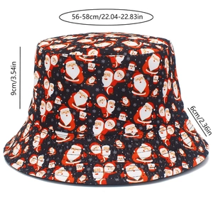 Detail view of black Christmas bucket hat with Santa print and size dimension marks