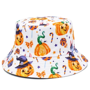Chapeau bob blanc Halloween avec citrouilles et chauves-souris pour protection solaire