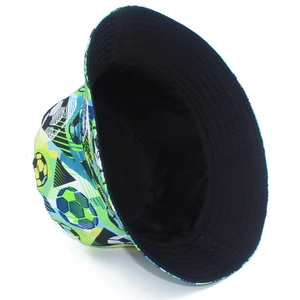Classic bucket hat with colorful geometric football patterns and black inner lining