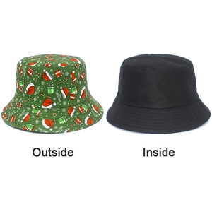 Reversible bucket hat detail showing green Christmas print and plain black interior view