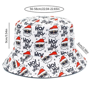 Detailed dimensions of Santa Claus print bucket hat with snowflake patterns