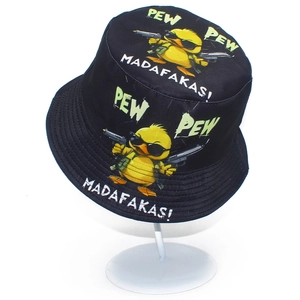 Detail of cartoon duck printing with sunglasses on a black cotton bucket hat