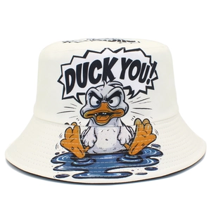 White bucket hat featuring a funny angry duck print and bold Duck You text slogan