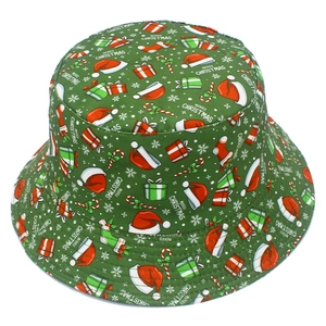 Dark green bucket hat with Christmas pattern and Merry Christmas print on cotton twill