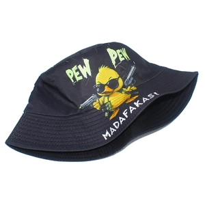 Detail of cotton bucket hat with funny yellow duck and pew pew text print